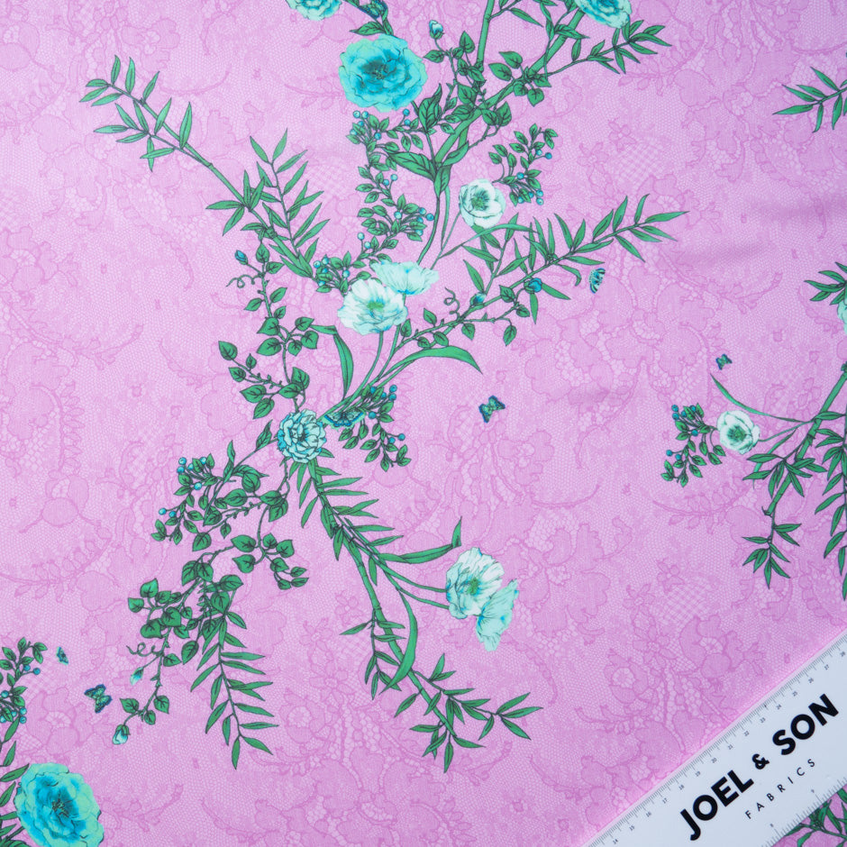 Green Floral Printed Fuchsia Lace Pure Silk Chiffon