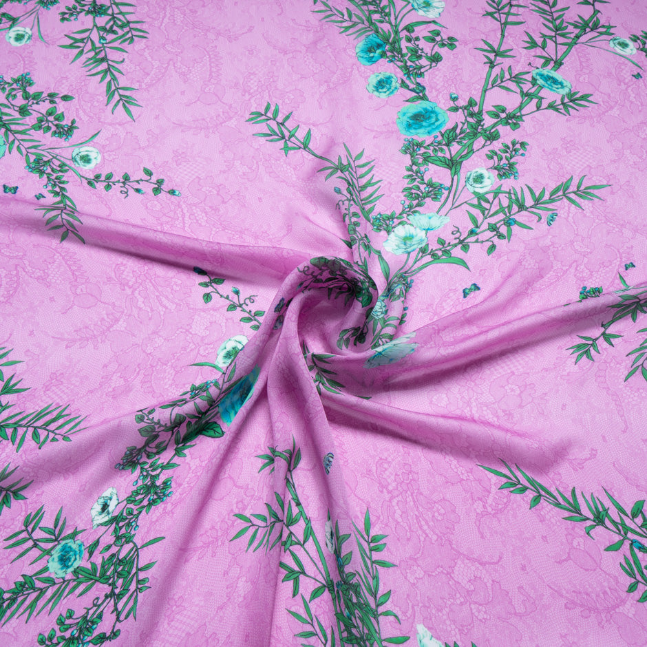 Green Floral Printed Fuchsia Lace Pure Silk Chiffon