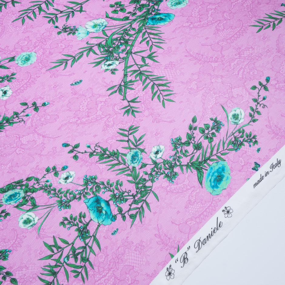 Green Floral Printed Fuchsia Lace Pure Silk Chiffon