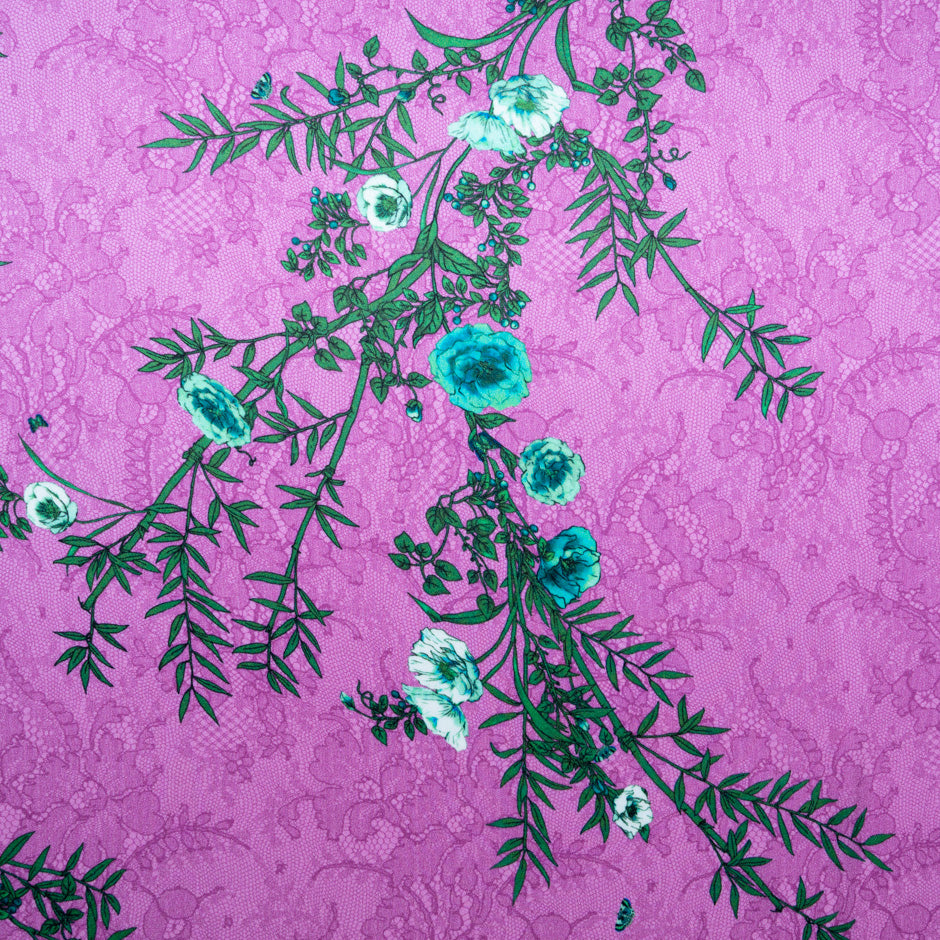 Green Floral Printed Fuchsia Lace Double Silk Crêpe