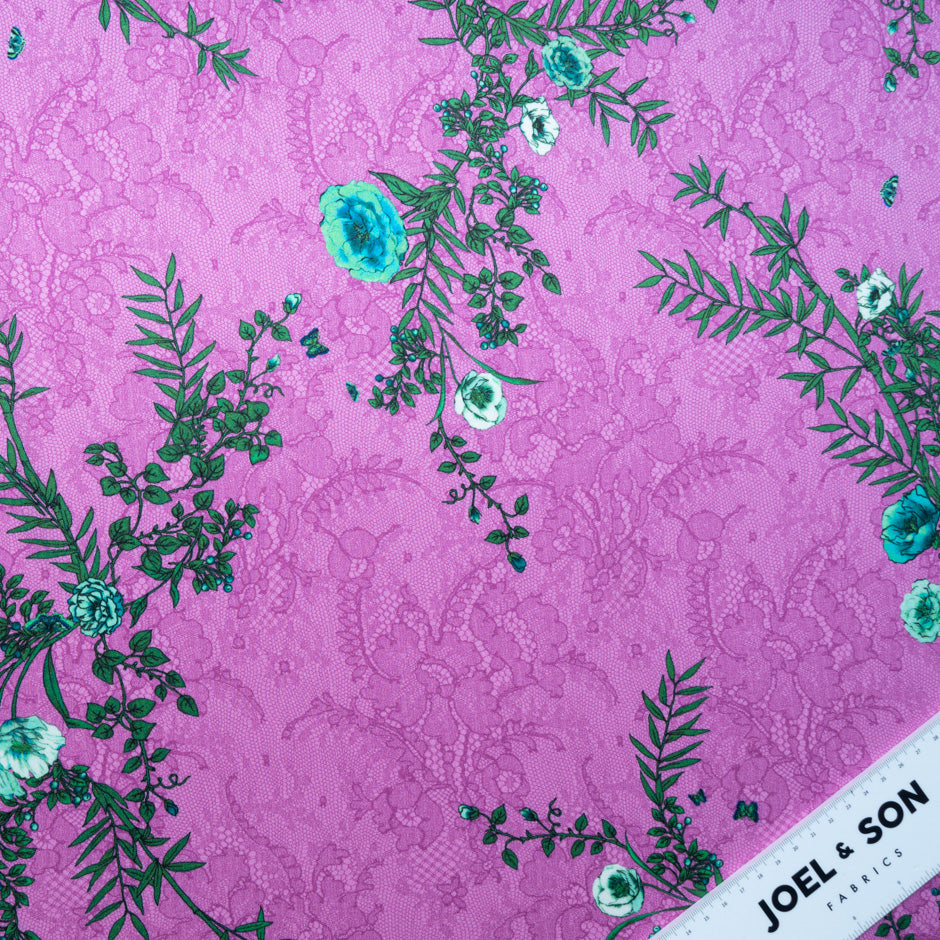 Green Floral Printed Fuchsia Lace Double Silk Crêpe