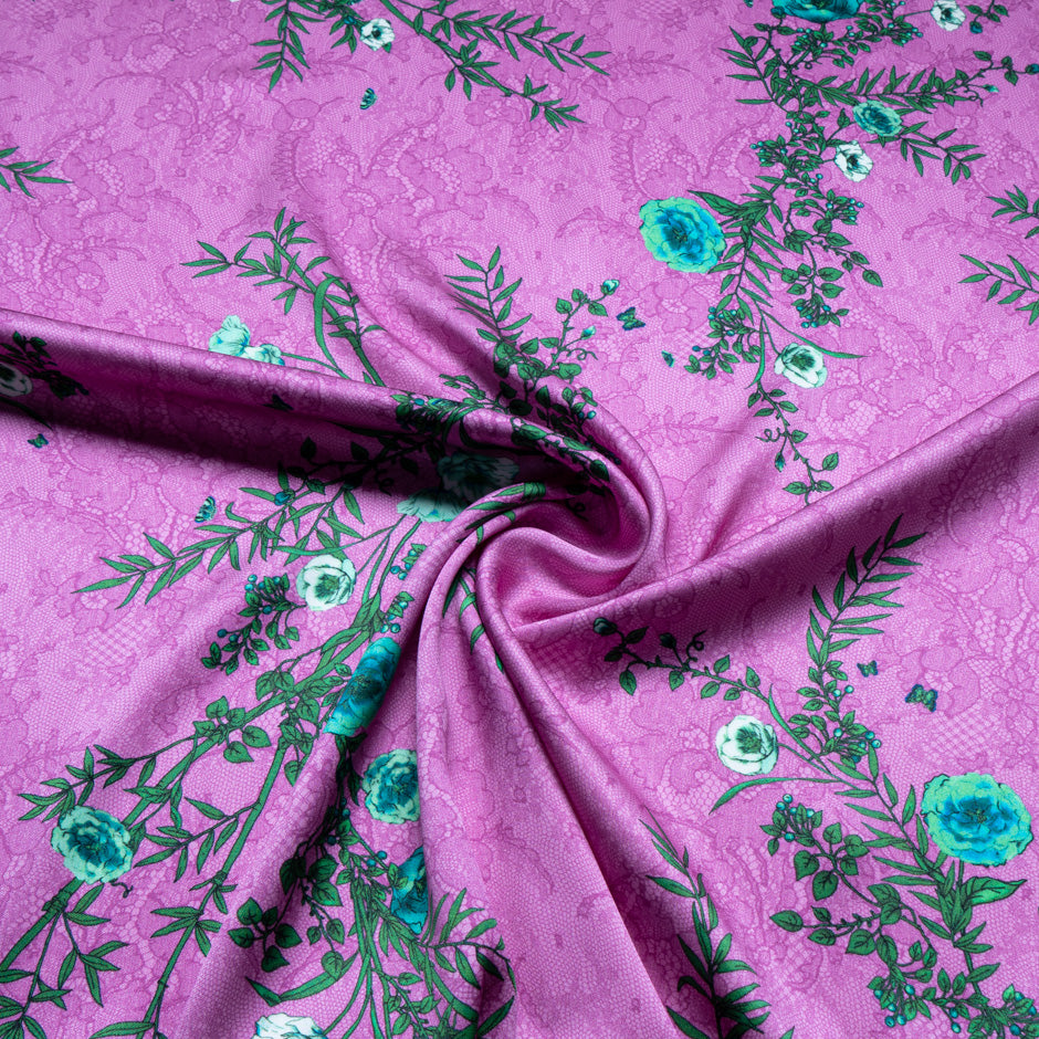 Green Floral Printed Fuchsia Lace Double Silk Crêpe