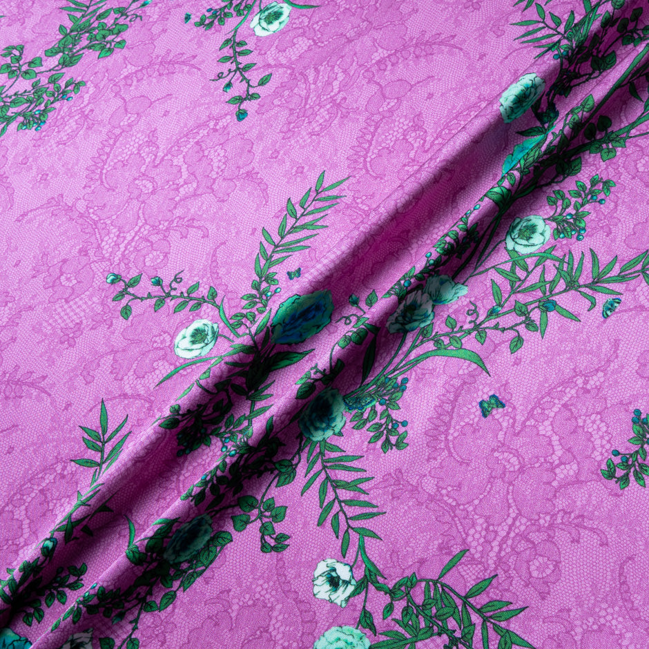 Green Floral Printed Fuchsia Lace Double Silk Crêpe