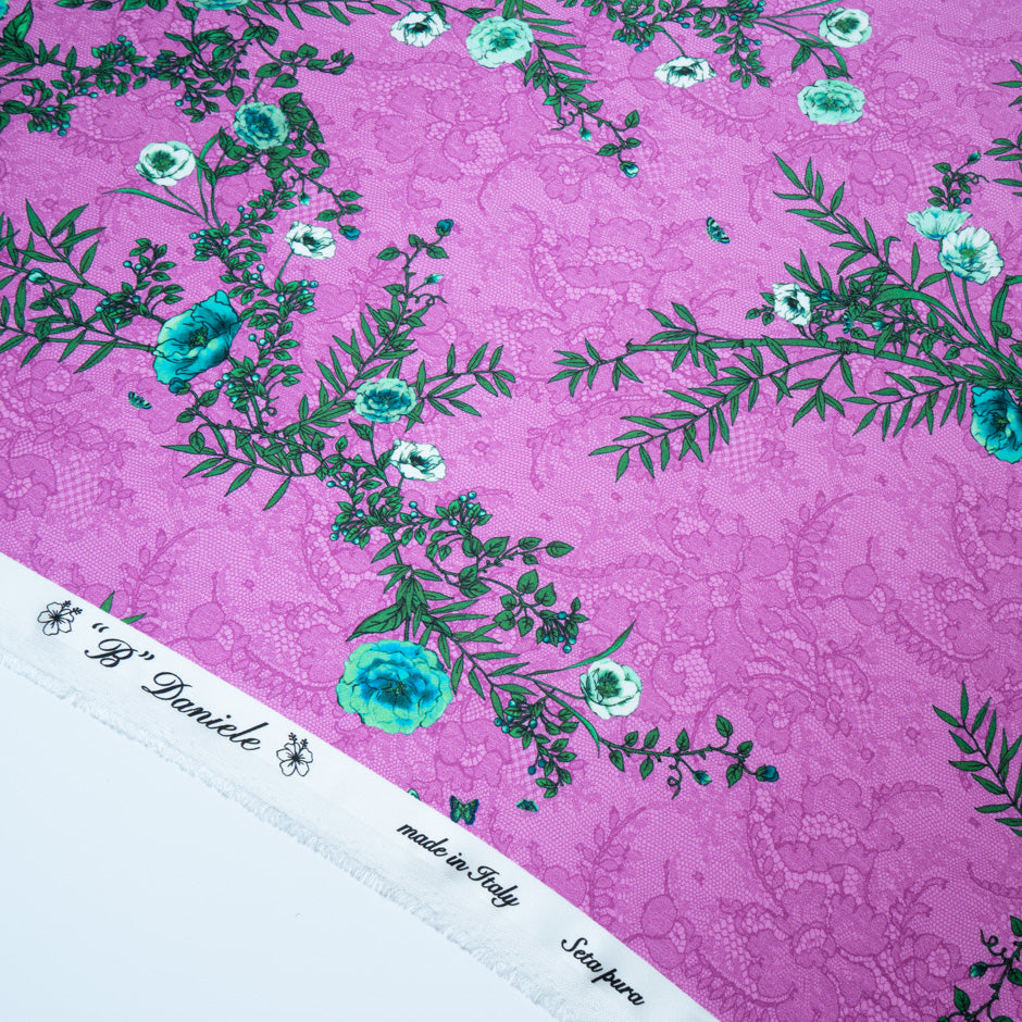 Green Floral Printed Fuchsia Lace Double Silk Crêpe