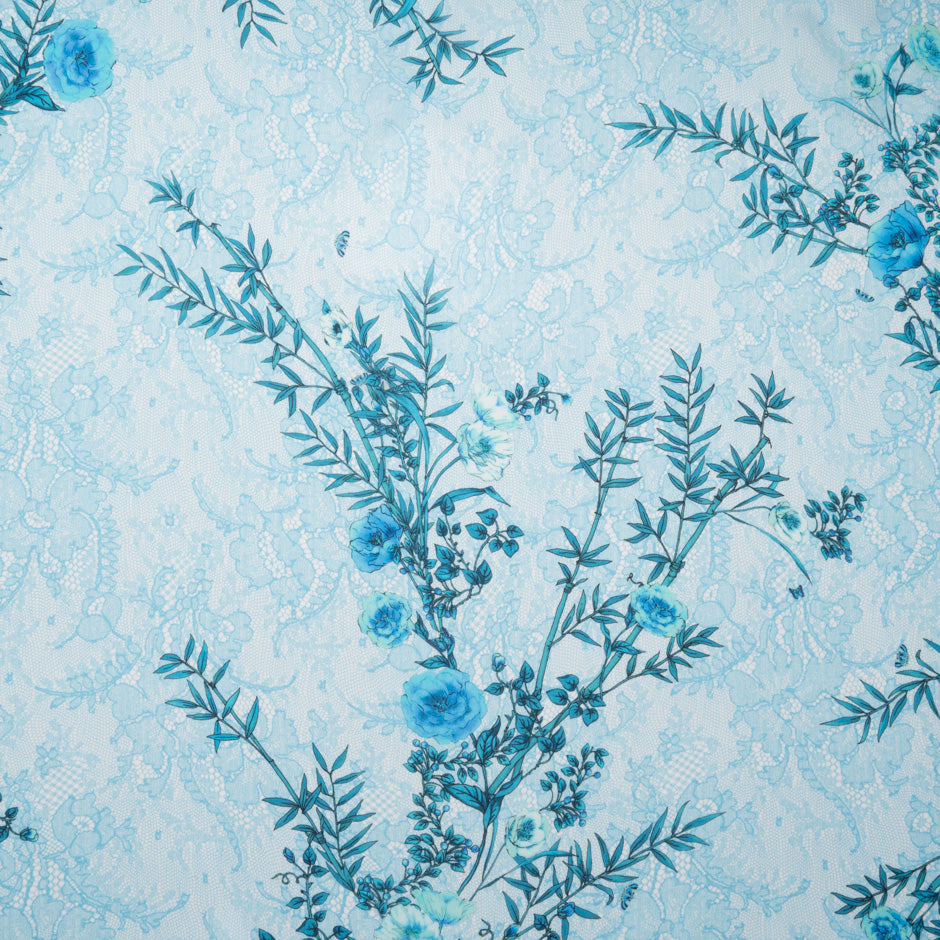Blue Floral Printed Blue Lace Pure Silk Chiffon