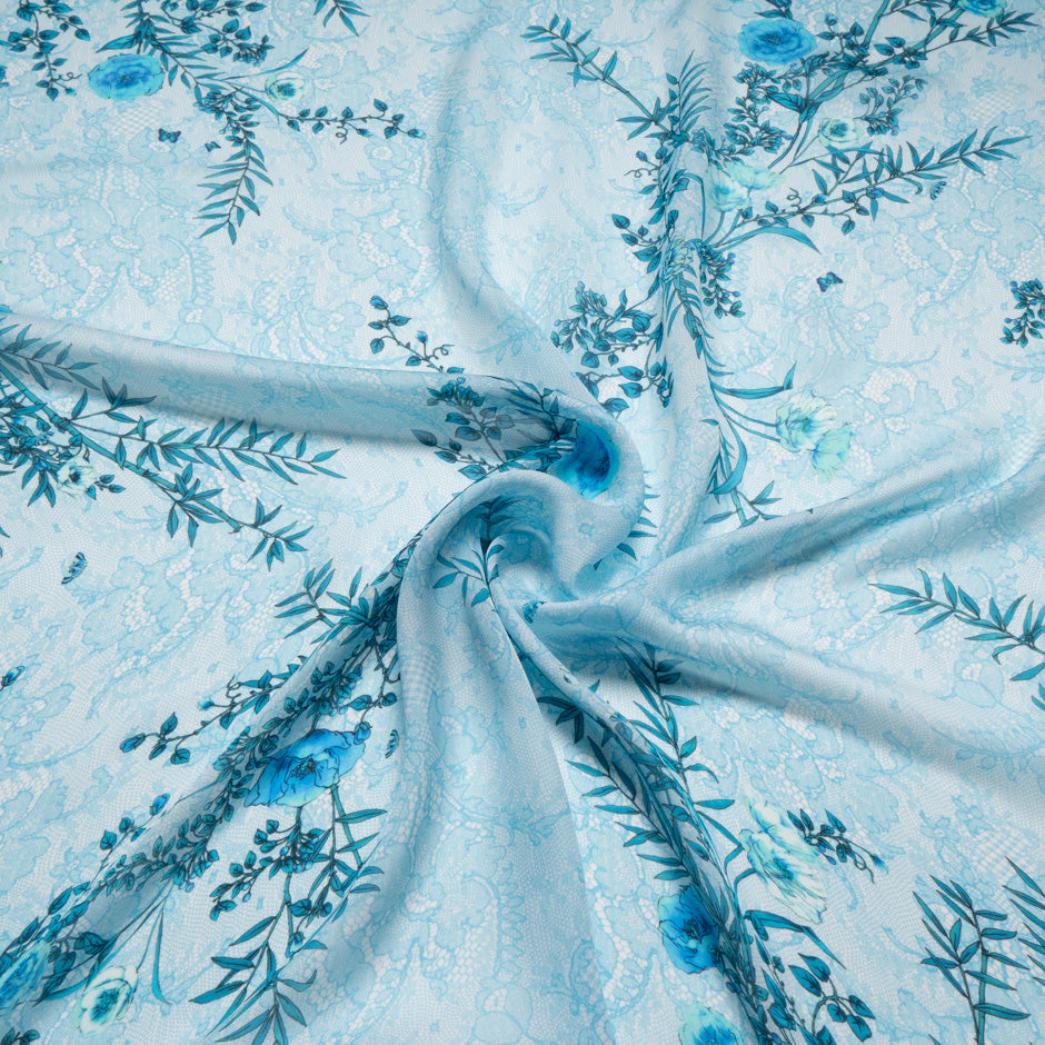 Blue Floral Printed Blue Lace Pure Silk Chiffon