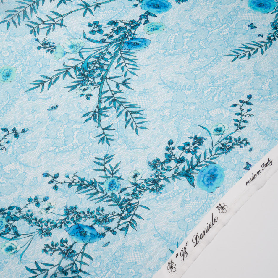 Blue Floral Printed Blue Lace Pure Silk Chiffon