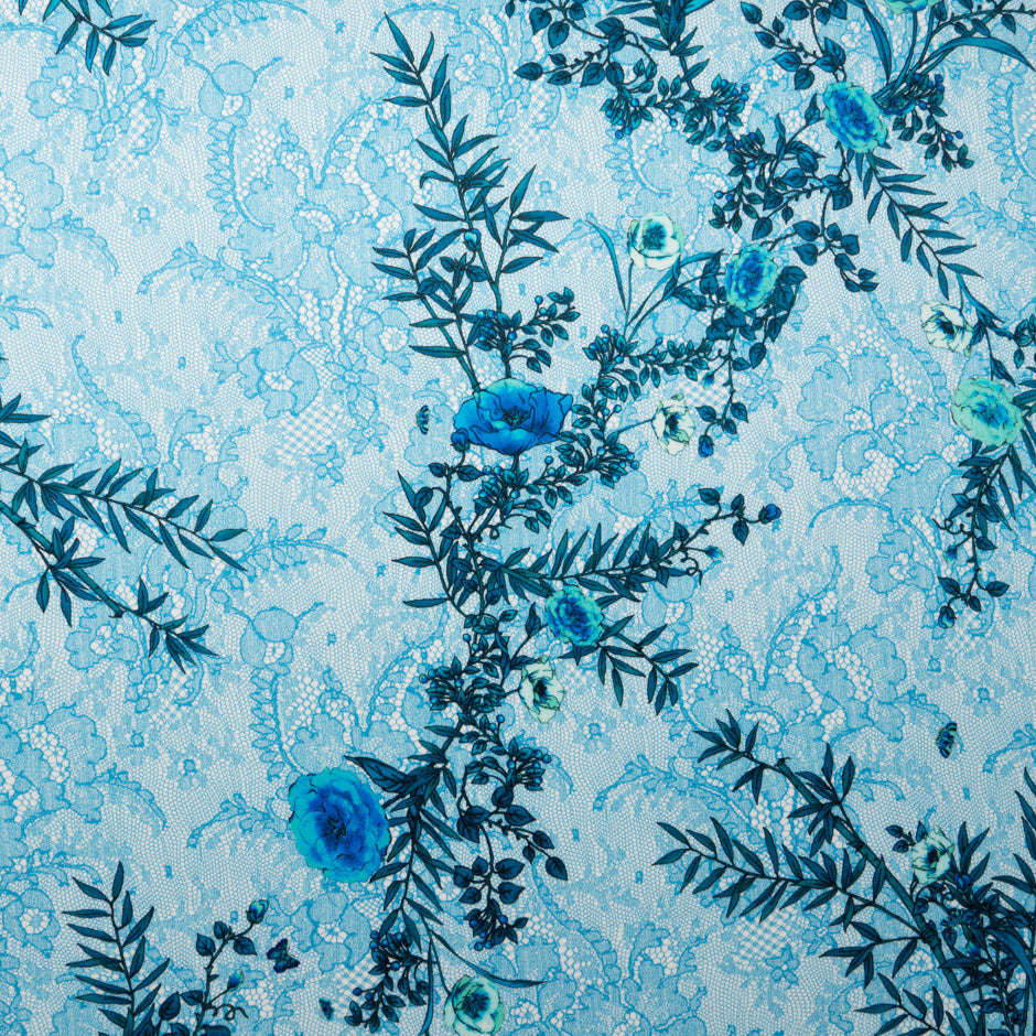 Blue Floral Printed Blue Lace Double Silk Crêpe