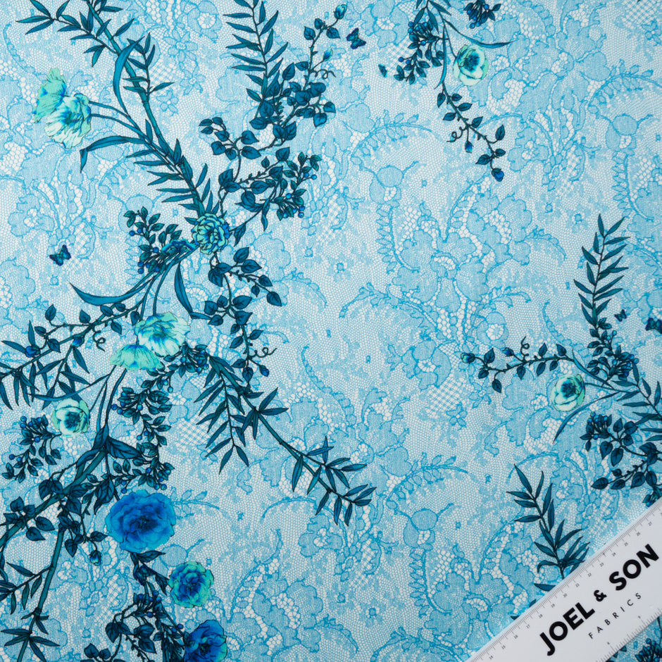 Blue Floral Printed Blue Lace Double Silk Crêpe