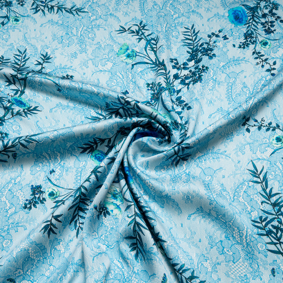 Blue Floral Printed Blue Lace Double Silk Crêpe