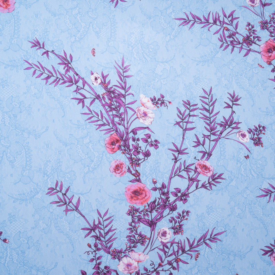 Magenta Floral Printed Blue Pure Silk Chiffon