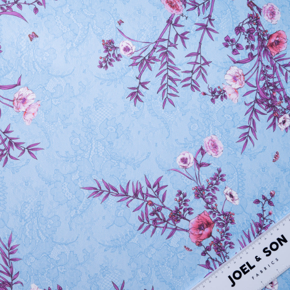 Magenta Floral Printed Blue Pure Silk Chiffon