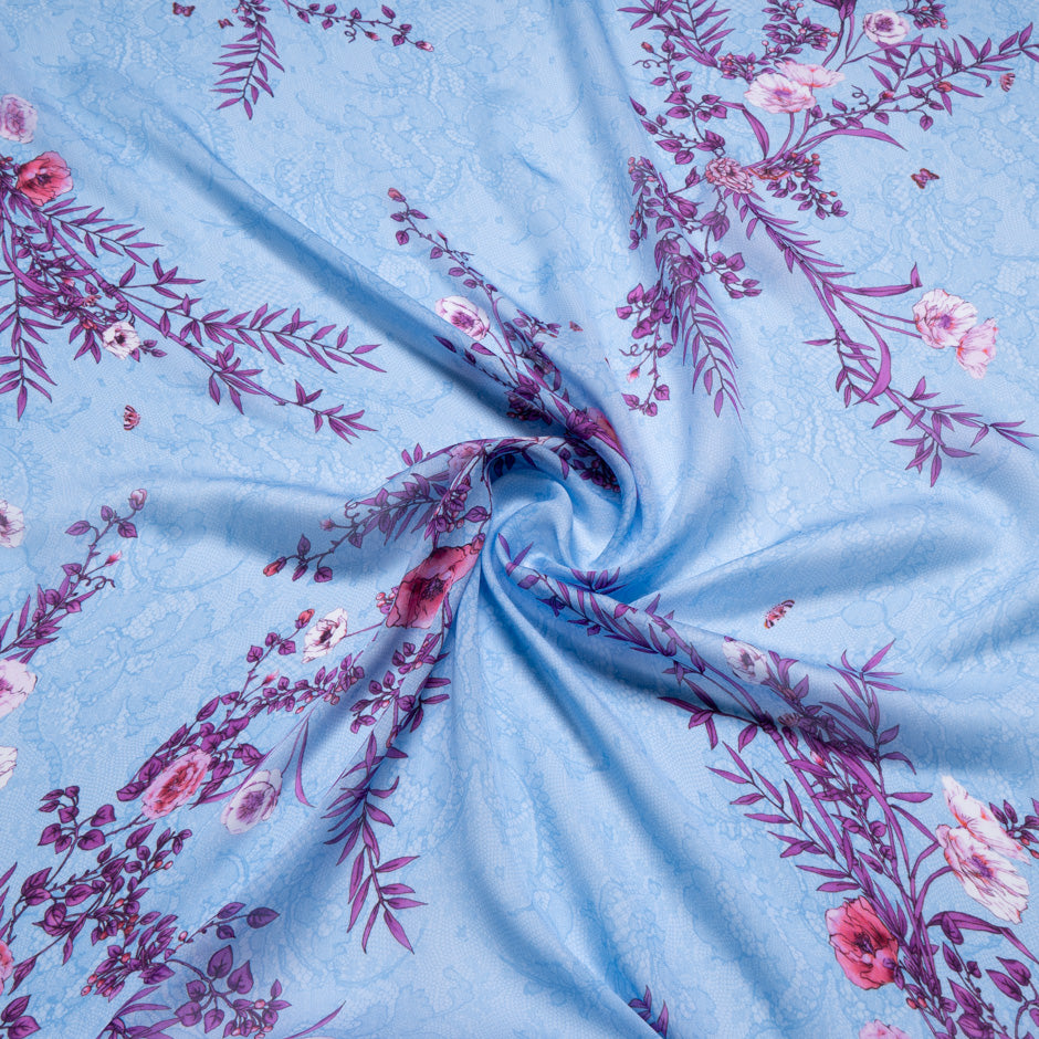 Magenta Floral Printed Blue Pure Silk Chiffon