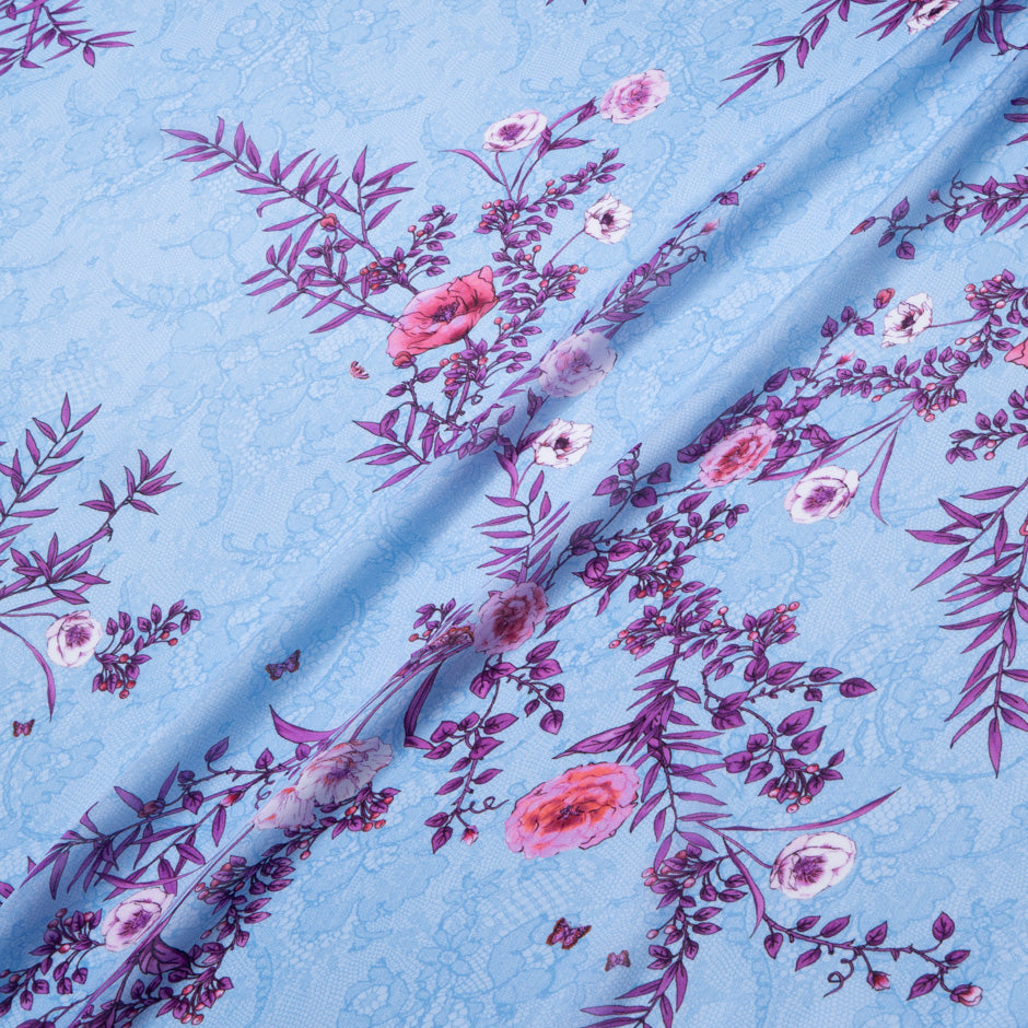 Magenta Floral Printed Blue Pure Silk Chiffon