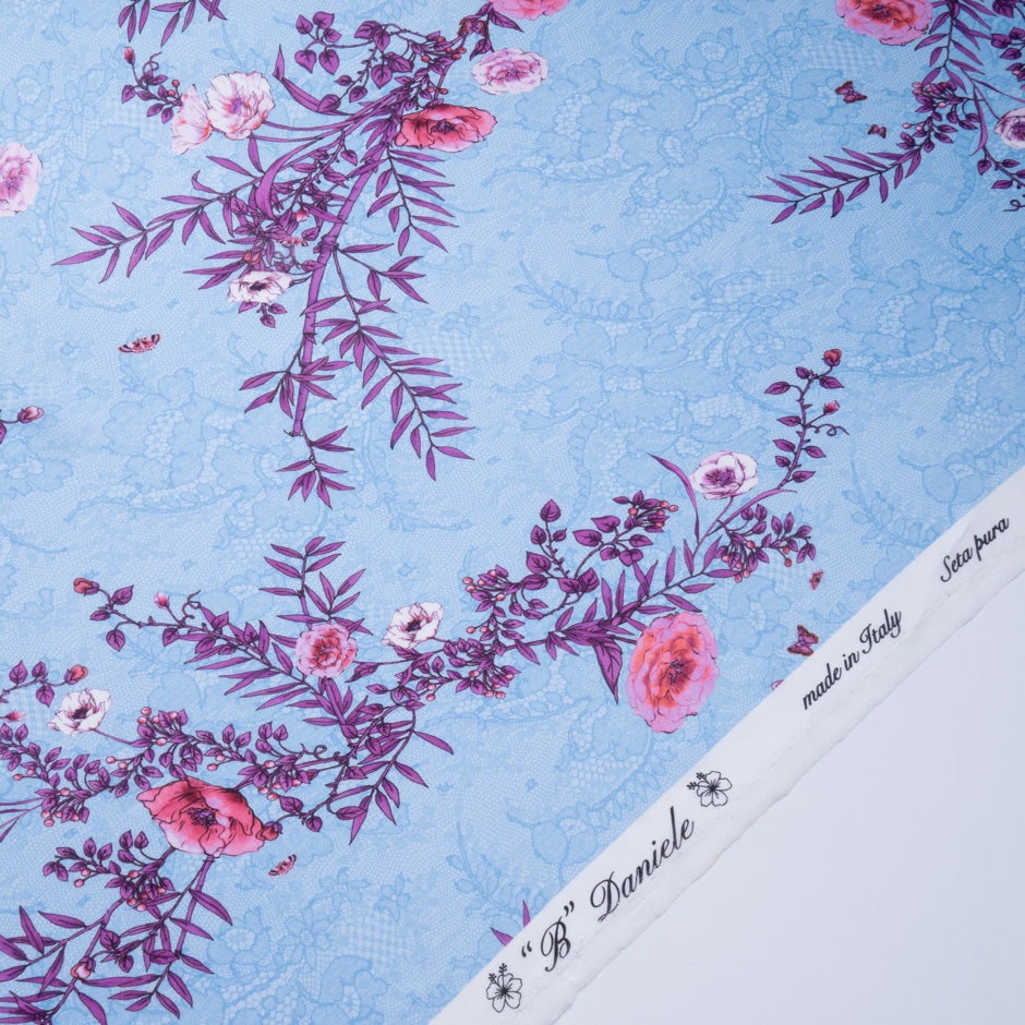 Magenta Floral Printed Blue Pure Silk Chiffon