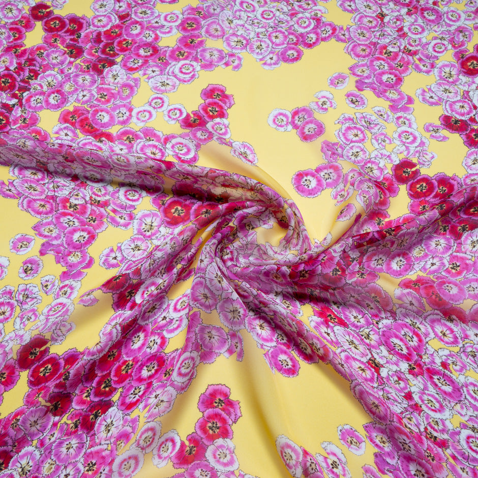 Pink Floral Printed Deep Yellow Pure Silk Chiffon