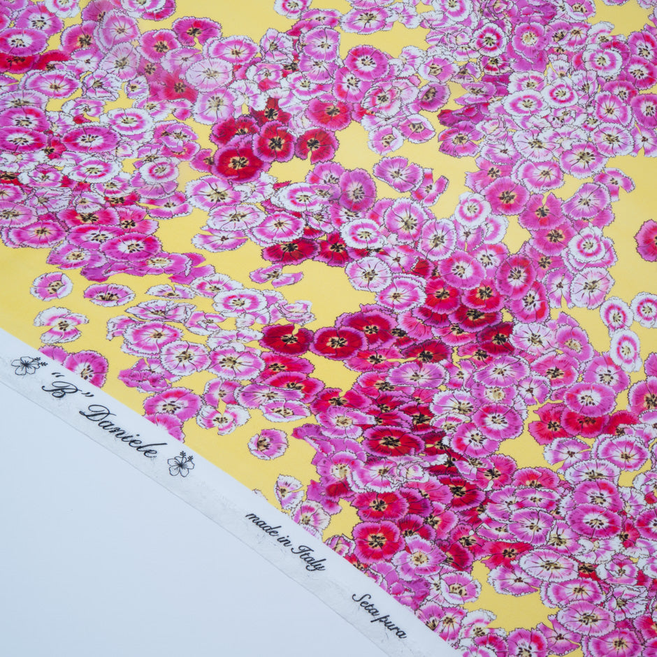 Pink Floral Printed Deep Yellow Pure Silk Chiffon