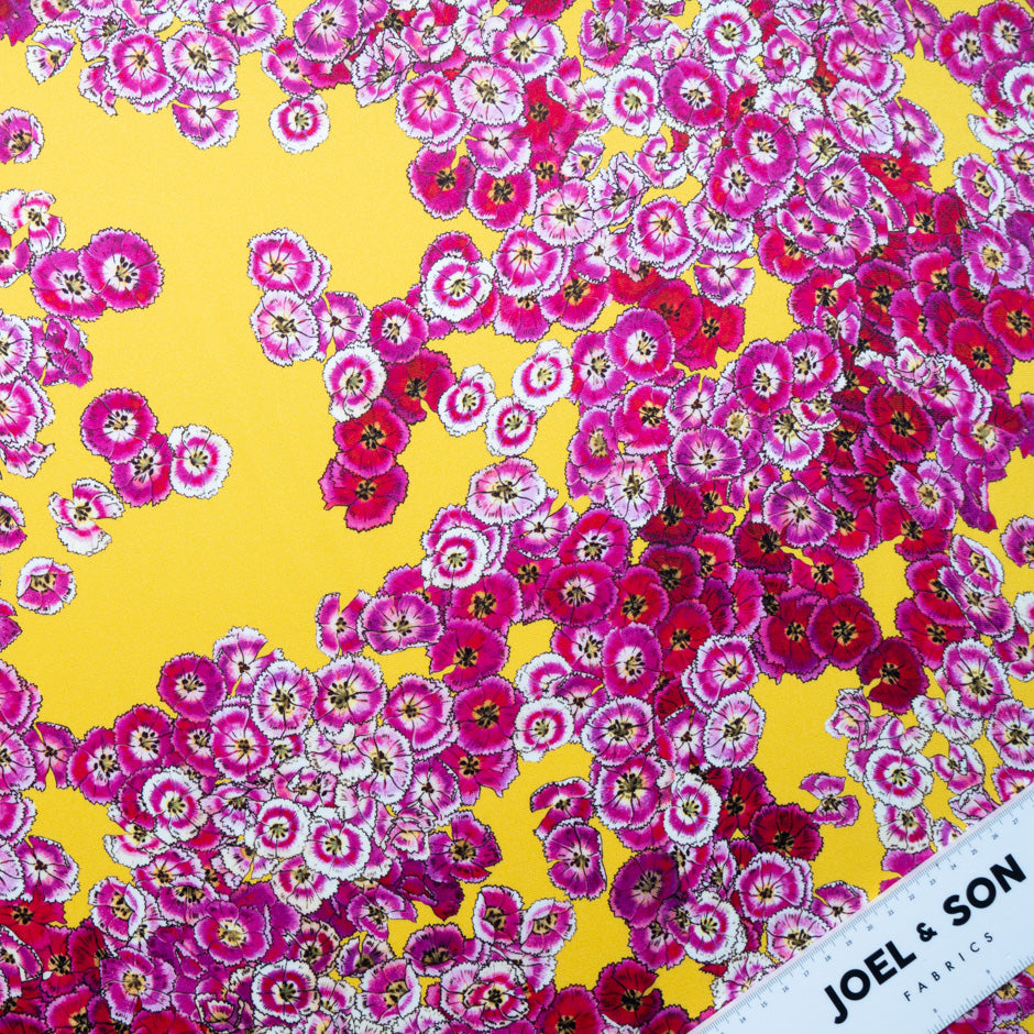 Pink Floral Printed Deep Yellow Double Silk Crêpe