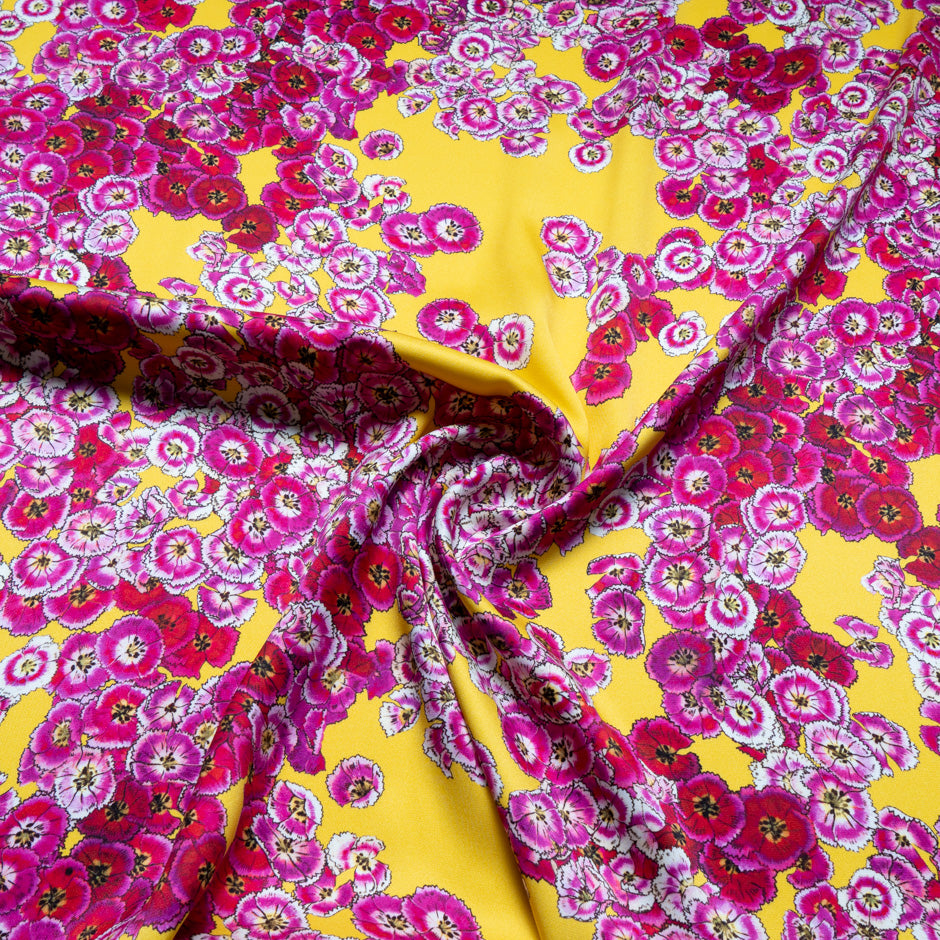 Pink Floral Printed Deep Yellow Double Silk Crêpe