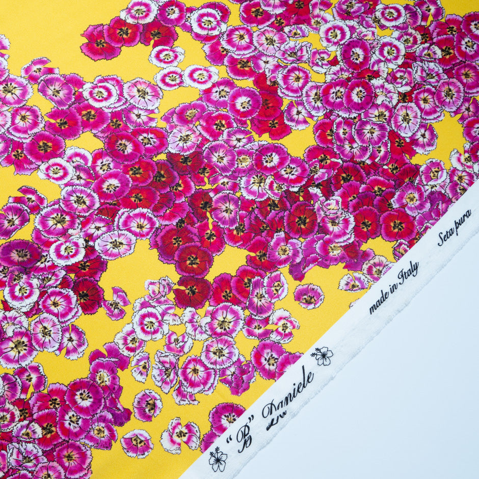Pink Floral Printed Deep Yellow Double Silk Crêpe