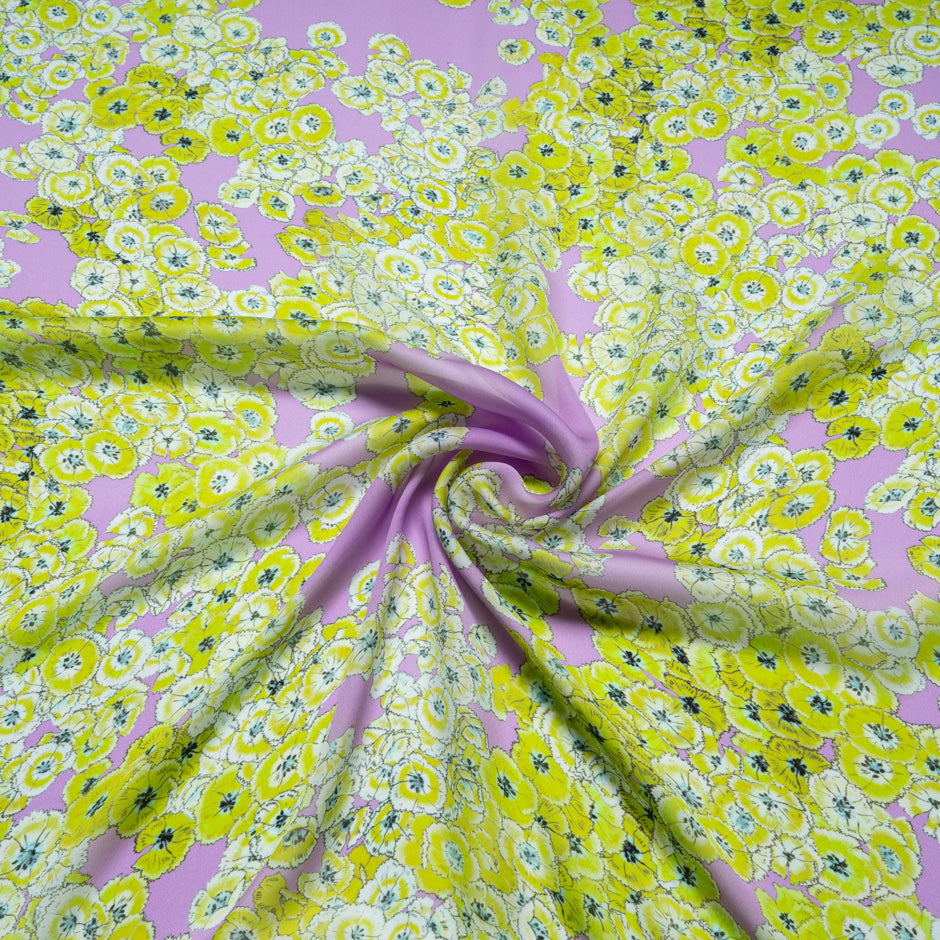 Green Floral Printed Lilac Pure Silk Chiffon