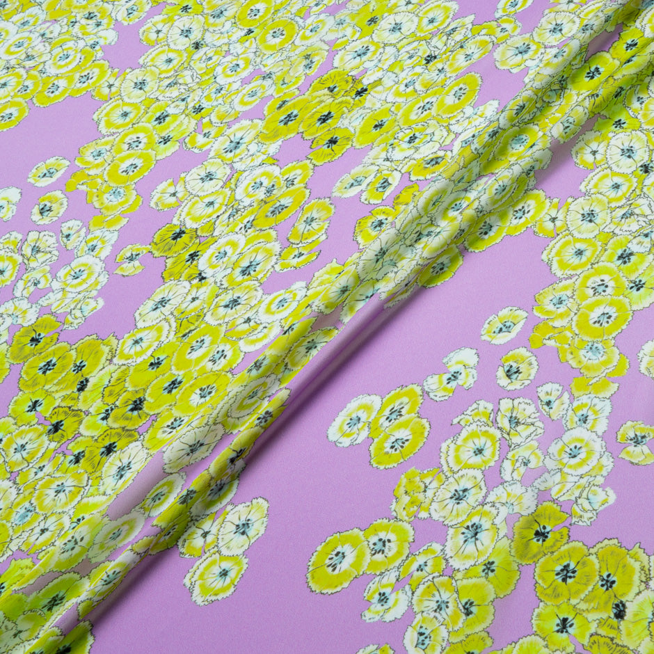 Green Floral Printed Lilac Pure Silk Chiffon