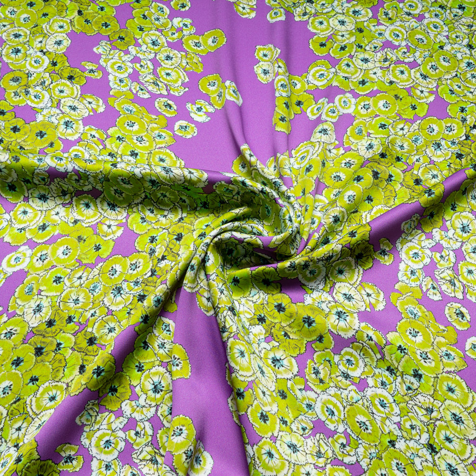 Green Floral Printed Lilac Double Silk Crêpe