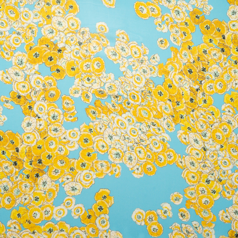Yellow Floral Printed Sky Blue Pure Silk Chiffon