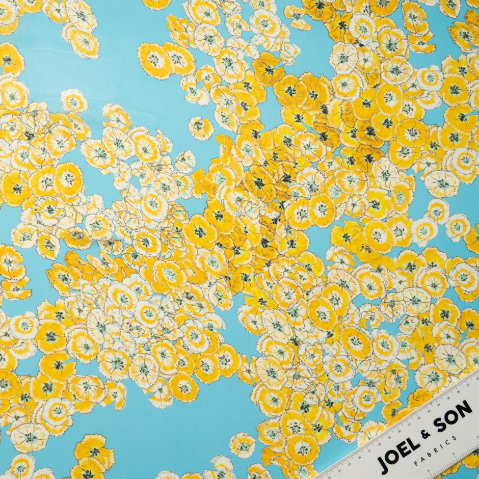 Yellow Floral Printed Sky Blue Pure Silk Chiffon