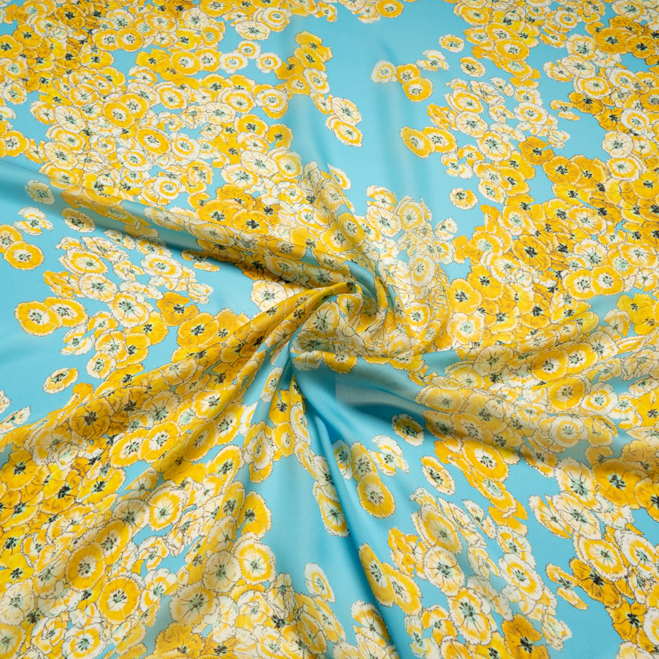 Yellow Floral Printed Sky Blue Pure Silk Chiffon