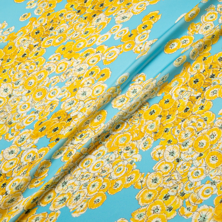 Yellow Floral Printed Sky Blue Pure Silk Chiffon