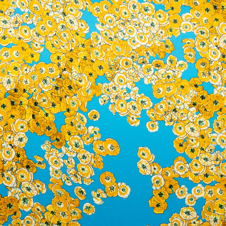 Yellow Floral Printed Blue Double Silk Crêpe