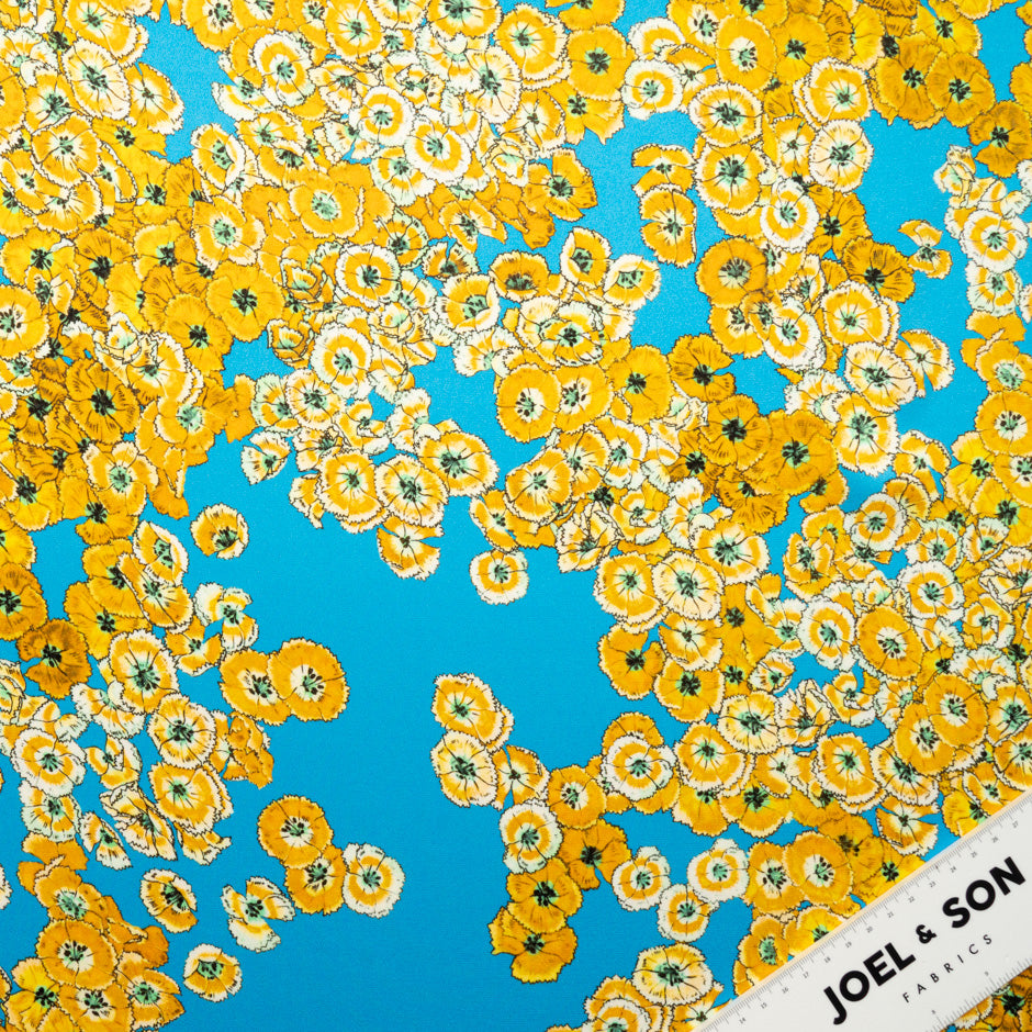 Yellow Floral Printed Blue Double Silk Crêpe
