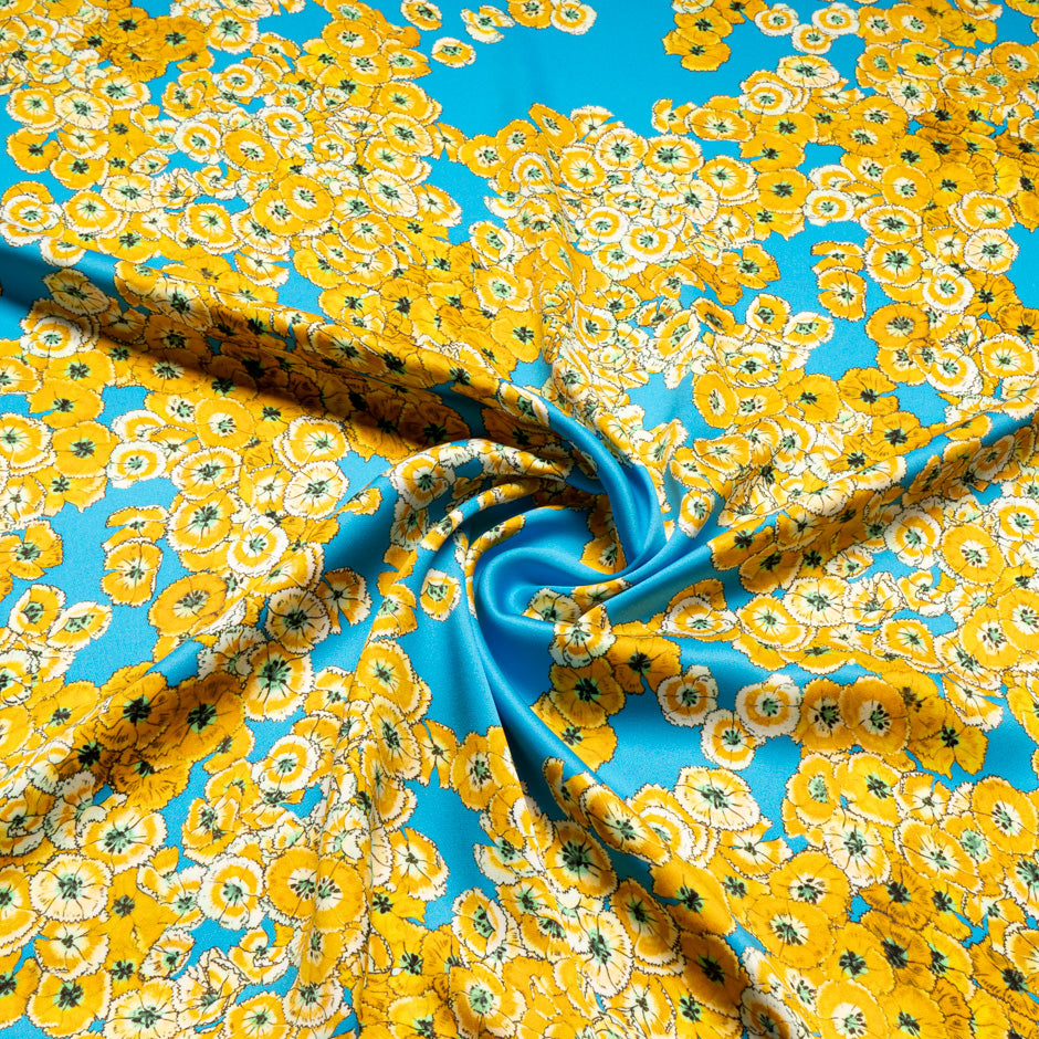 Yellow Floral Printed Blue Double Silk Crêpe