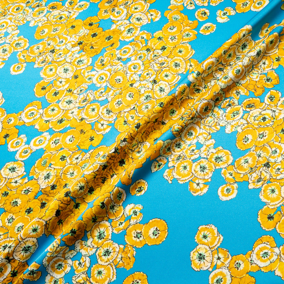 Yellow Floral Printed Blue Double Silk Crêpe