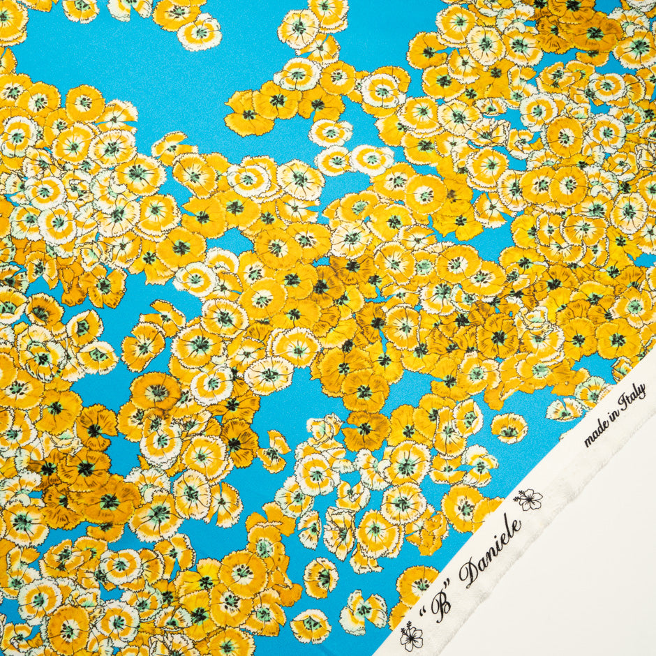 Yellow Floral Printed Blue Double Silk Crêpe