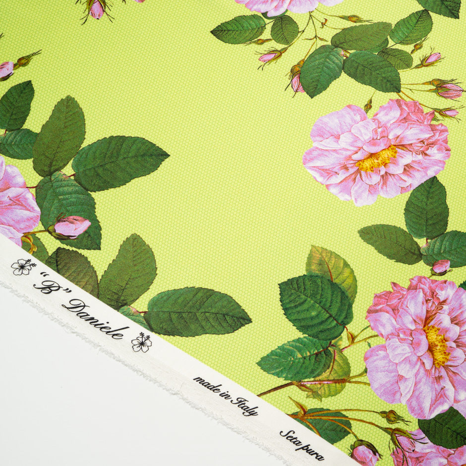 Floral Printed Lime Green Double Silk Crêpe