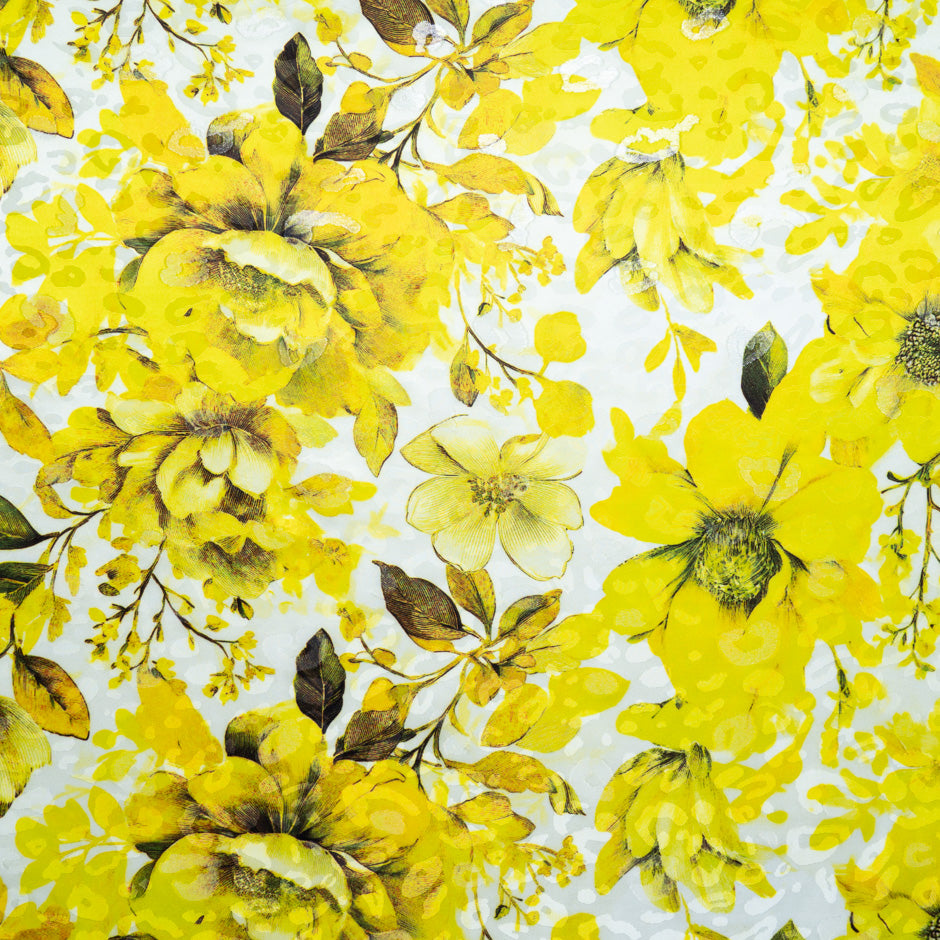 Large Yellow Floral Printed Metallic Silk Jacquard