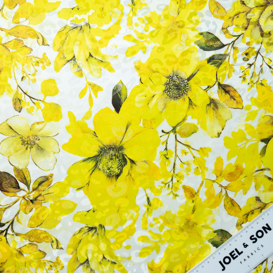 Large Yellow Floral Printed Metallic Silk Jacquard