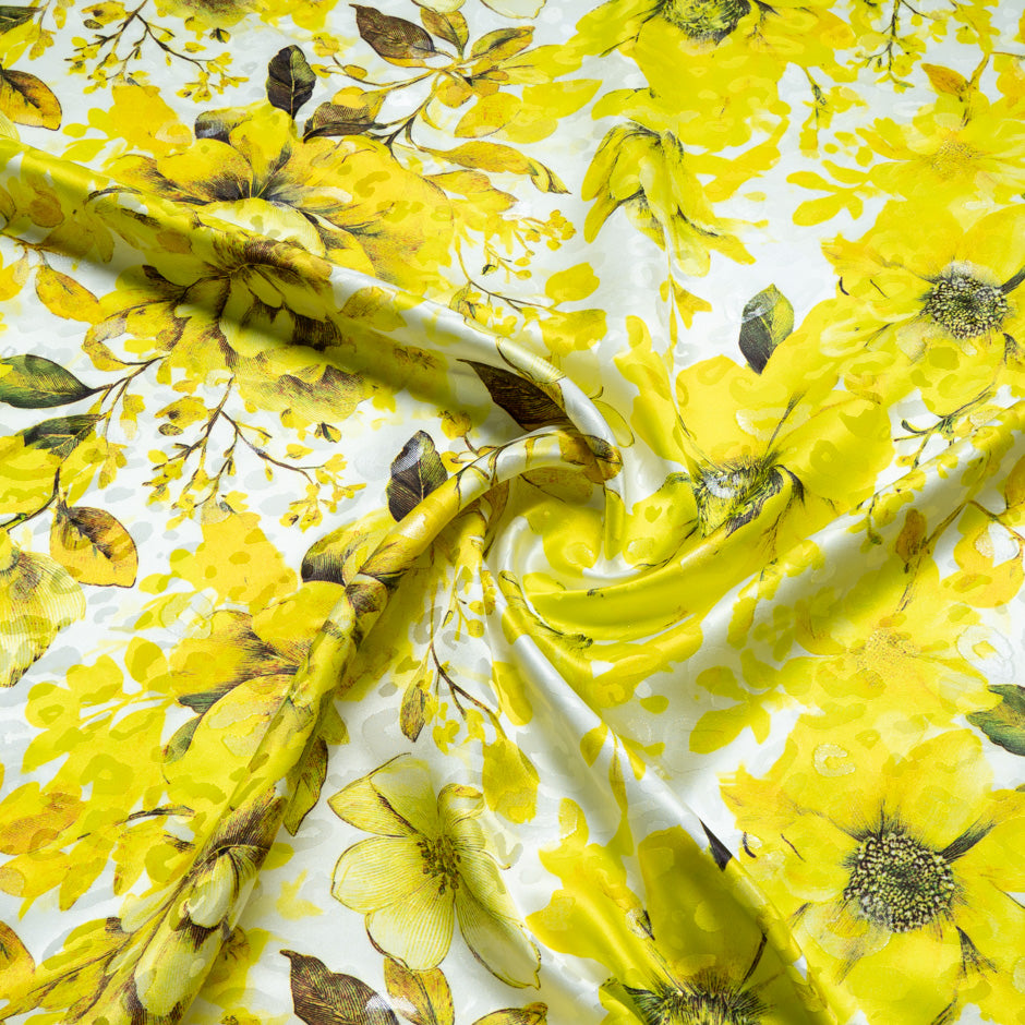 Large Yellow Floral Printed Metallic Silk Jacquard