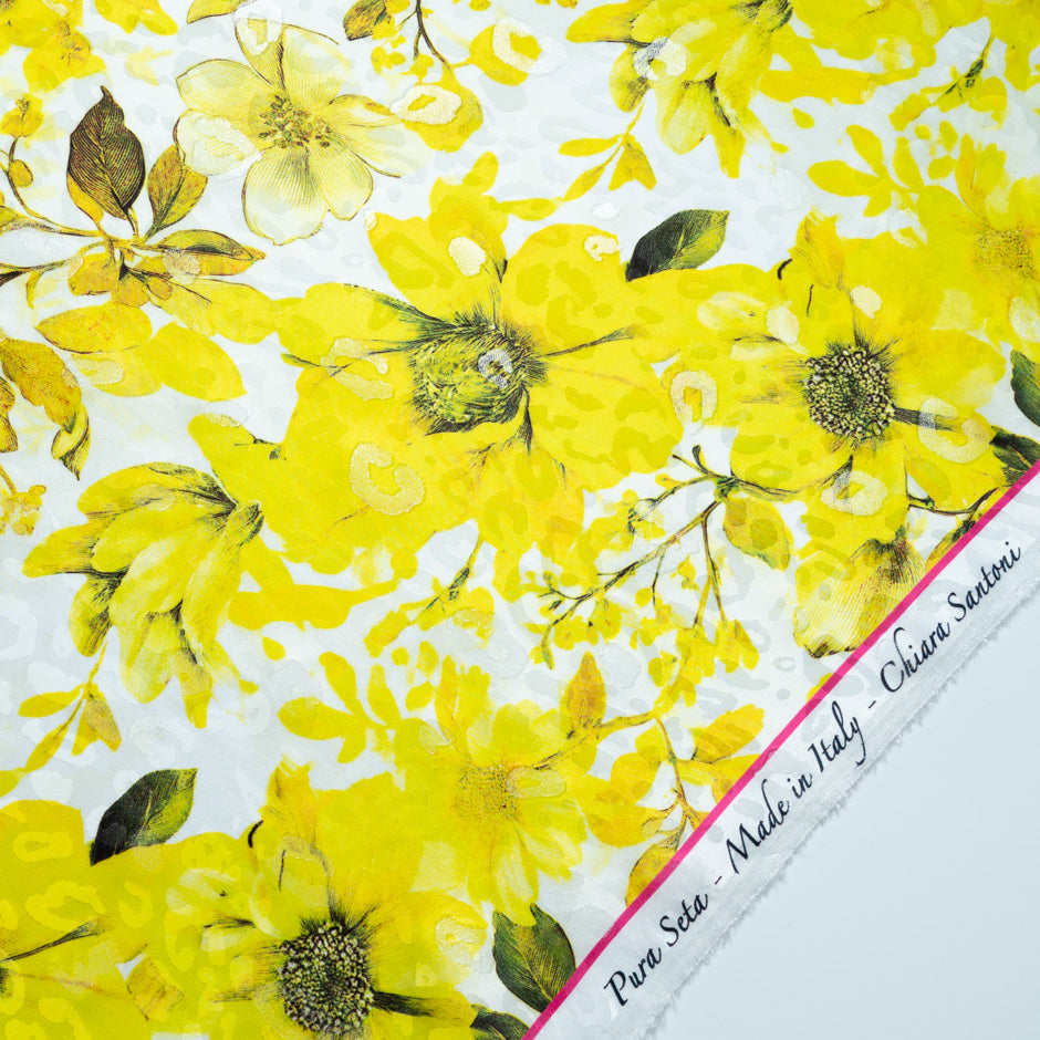 Large Yellow Floral Printed Metallic Silk Jacquard