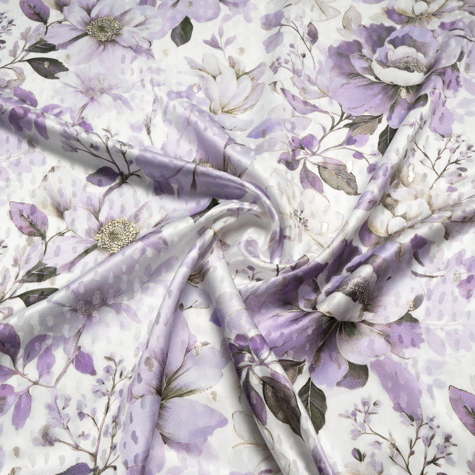 Lilac Floral Printed Metallic Silk Jacquard
