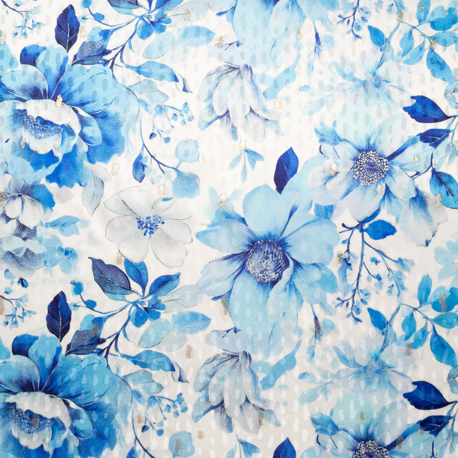 Blue Floral Printed Metallic Silk Jacquard