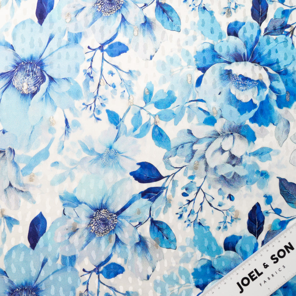 Blue Floral Printed Metallic Silk Jacquard