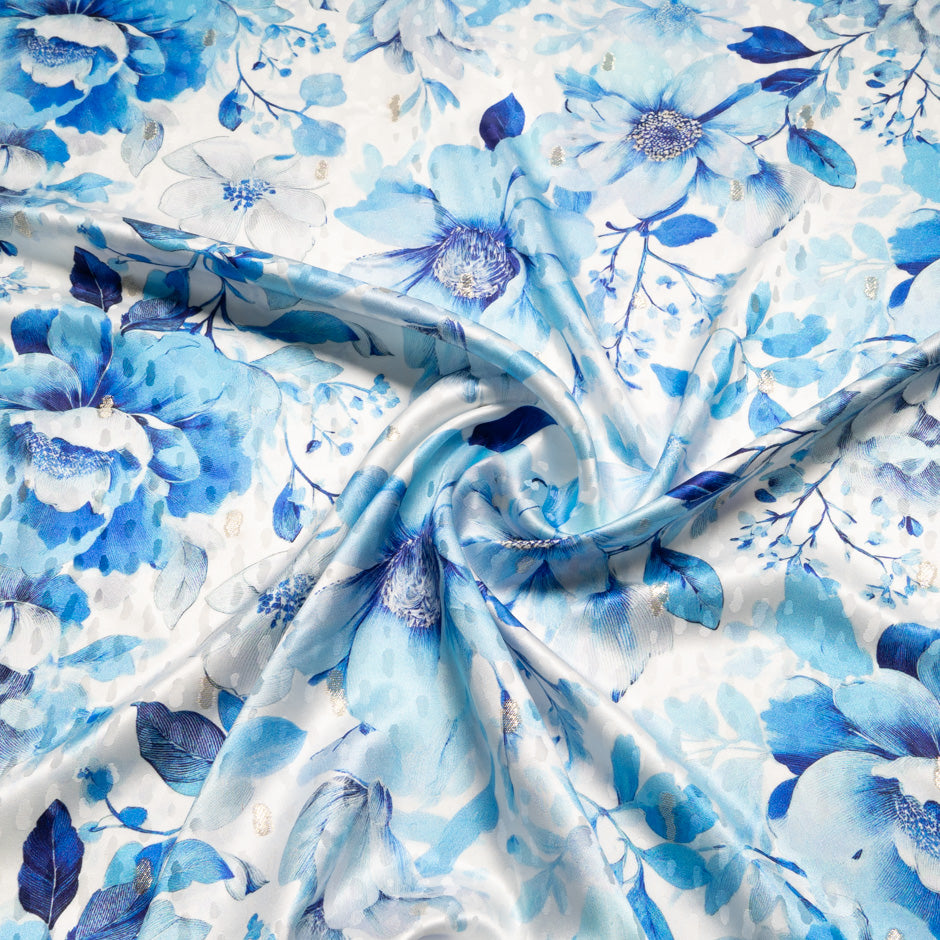 Blue Floral Printed Metallic Silk Jacquard