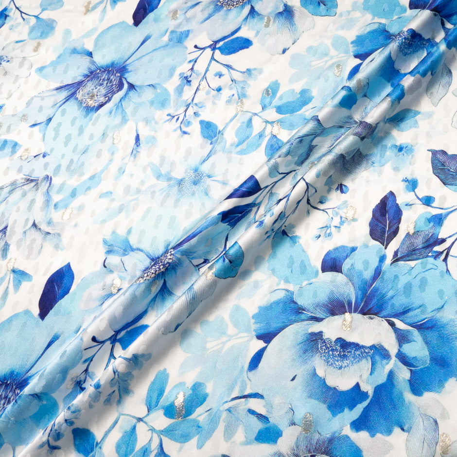 Blue Floral Printed Metallic Silk Jacquard