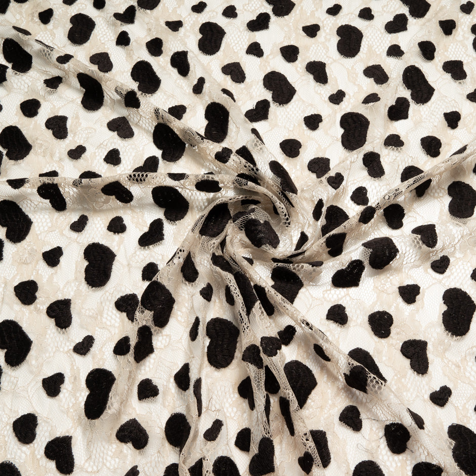 Black Flocked Heart Embroidered Chantilly Lace