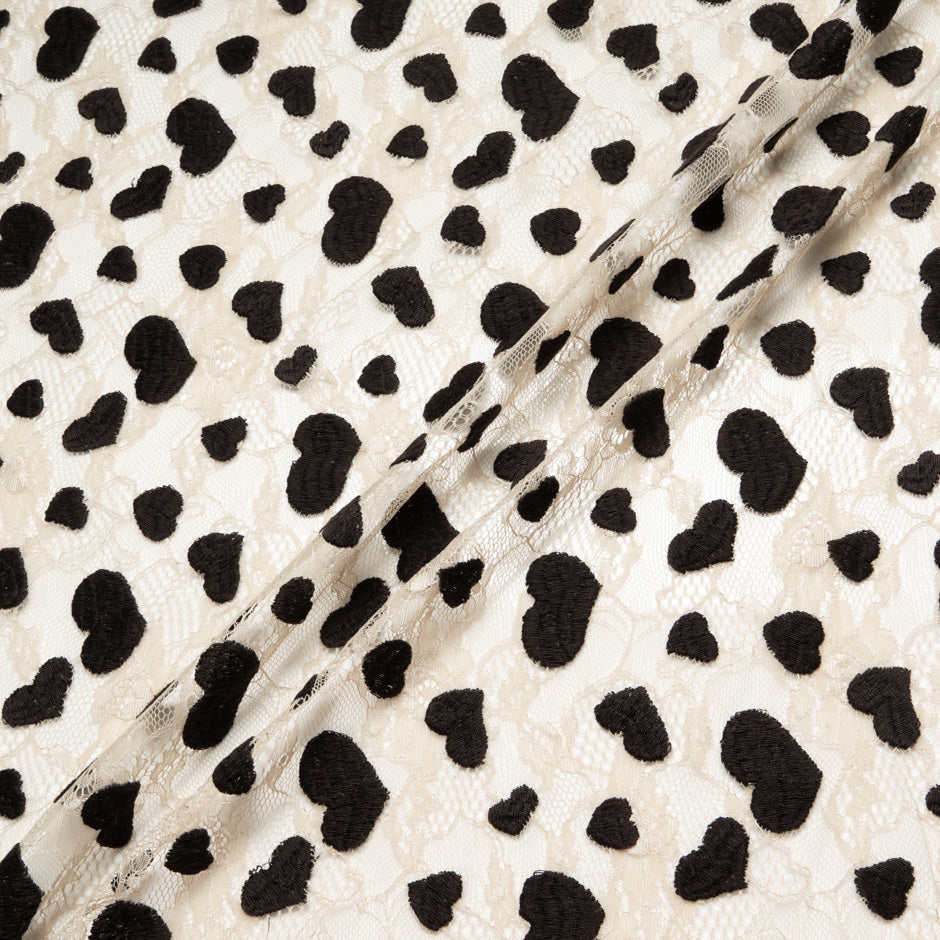 Black Flocked Heart Embroidered Chantilly Lace