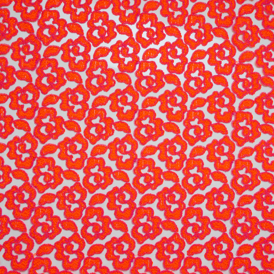 Fluorescent Orange & Pink Embroidered Tulle
