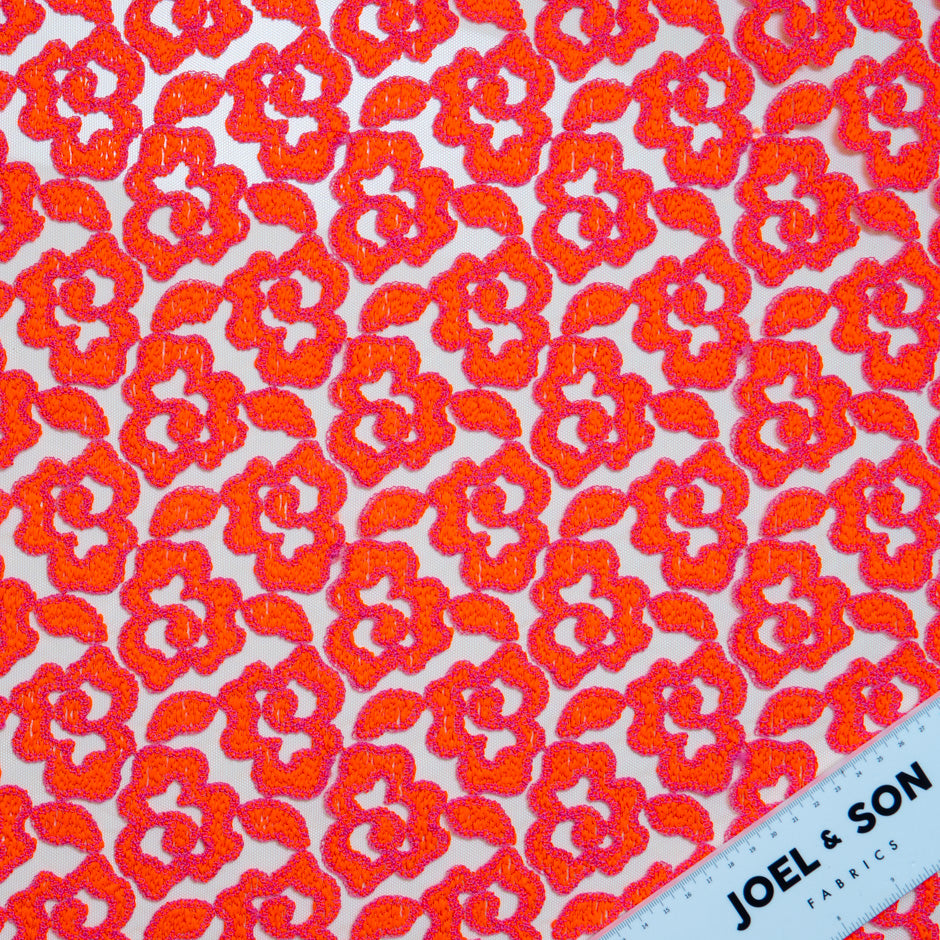 Fluorescent Orange & Pink Embroidered Tulle